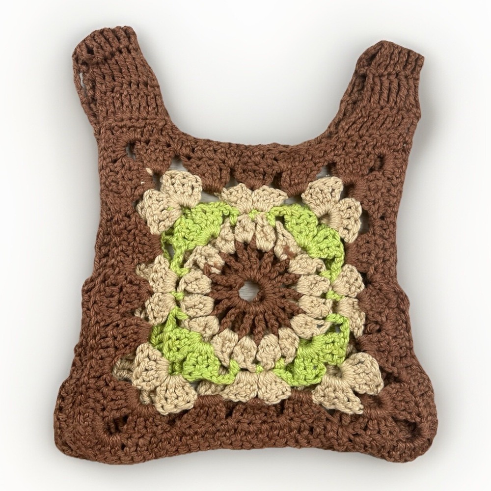 VTG Sweater Vest Size S Hand Crochet Granny Square Tank Crop-top Grannycore 70s